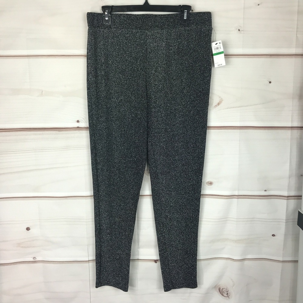 Thalia‎ Sodi Leggings Womens Large Black Silver Metallic Pull On Mid Rise Knit